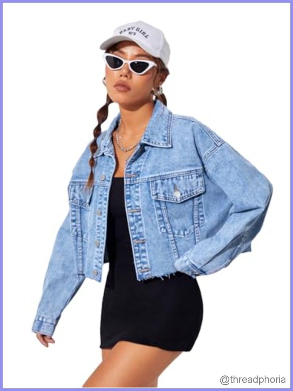 Cropped Denim Jacket Oversized Loose Fit Long Sleeve Button Down